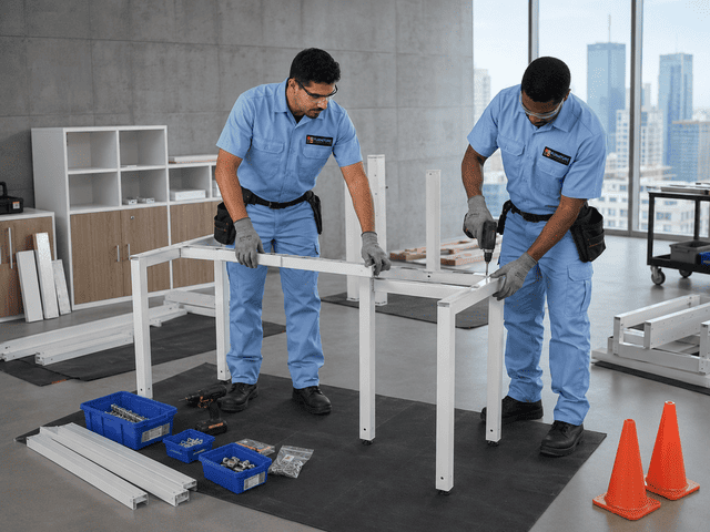 Two workers assembling a white table in a bright office with tools and orange cones nearby.