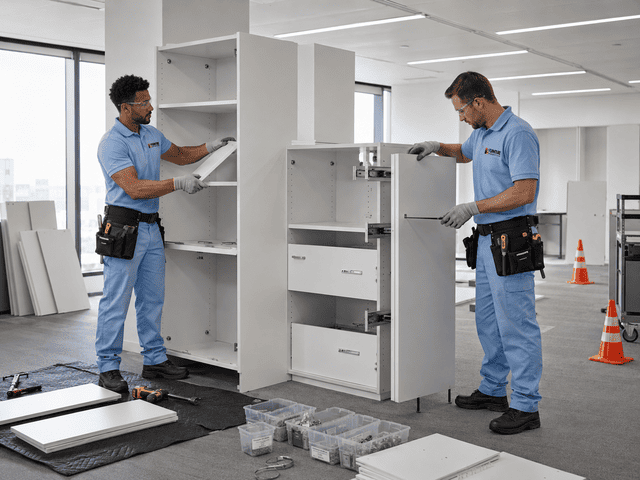 Two technicians assembling white office cabinets in a bright office with tools and parts on the floor