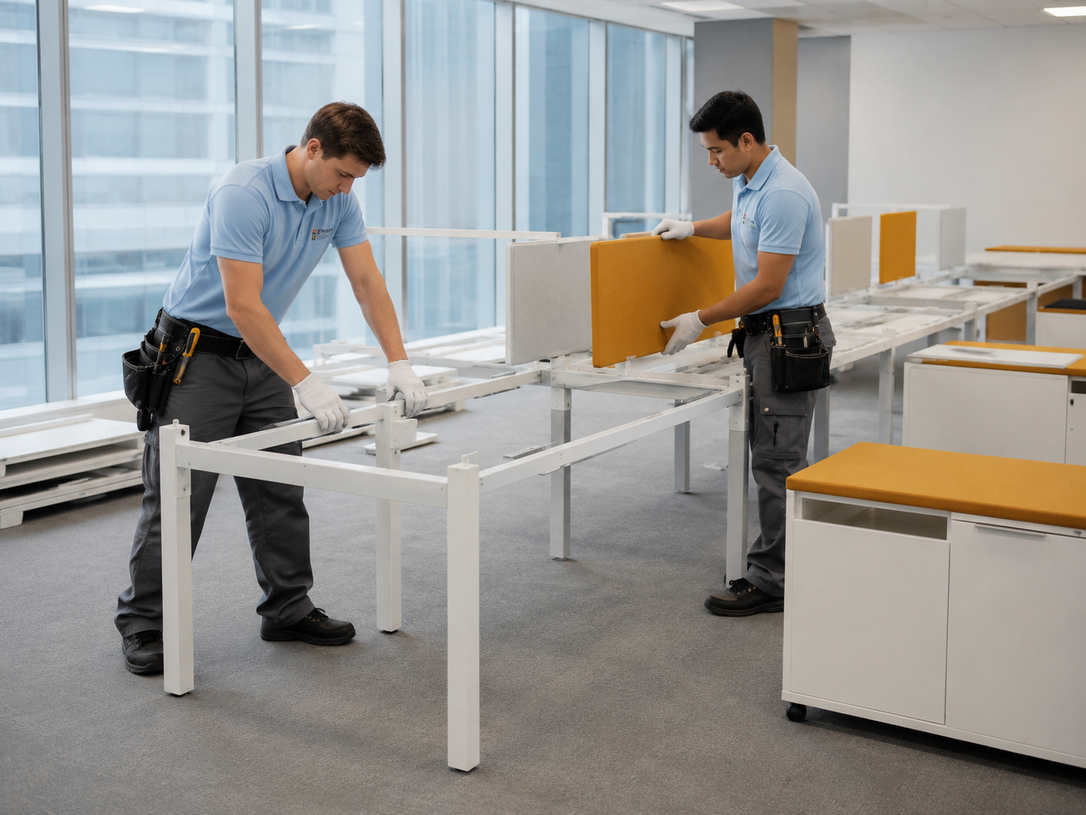Two workers assembling a white table in a bright office with desks and cubicles nearby