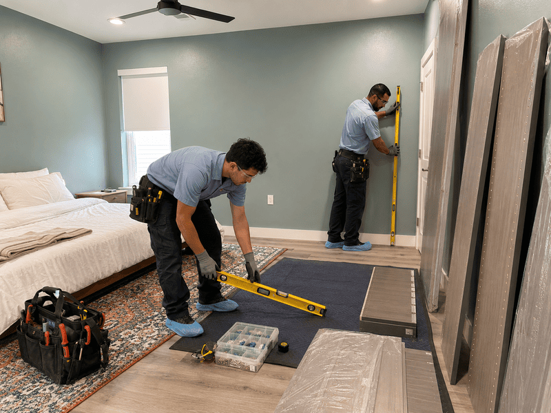 Two workers measuring a bedroom floor during home renovation, with tools and flooring materials nearby.
