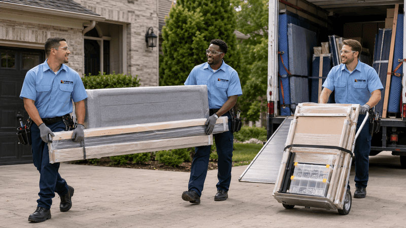 Three movers carrying a couch and boxed furniture up a driveway outside a house
