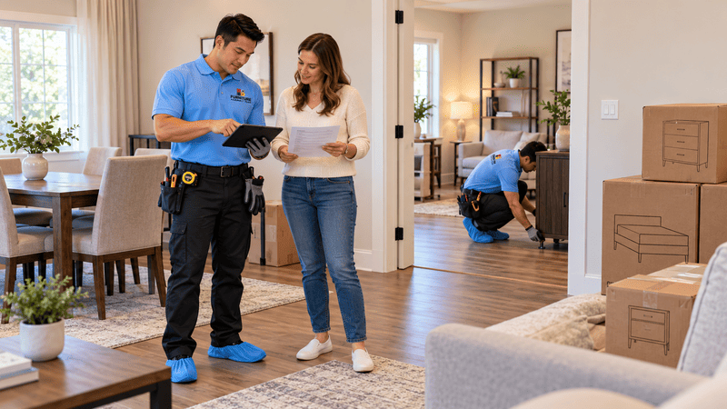 Lead technician and homeowner coordinating a multi-room furniture setup while another technician adjusts a cabinet
