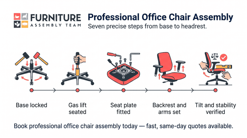 Infographic for professional office chair assembly, showing seven steps from base locked to tilt verified.