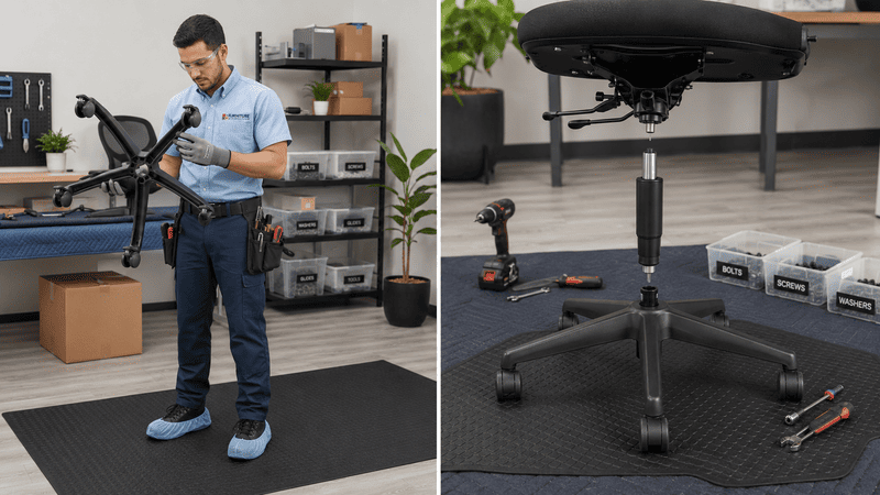 Man assembling a black stand in a garage workshop, with tools and boxes nearby