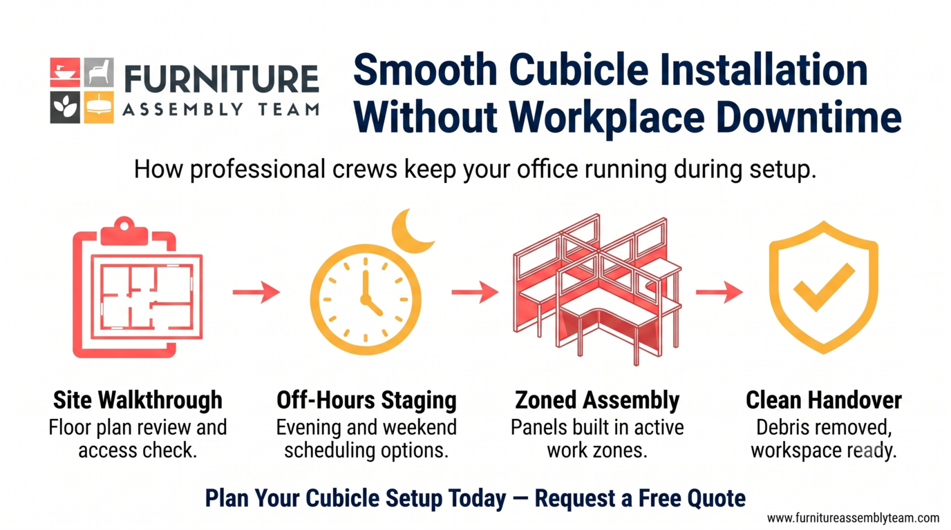 Furniture assembly ad: “Smooth Cubicle Installation Without Workplace Downtime,” with icons for workflow, scheduling, assembly, and cleanup