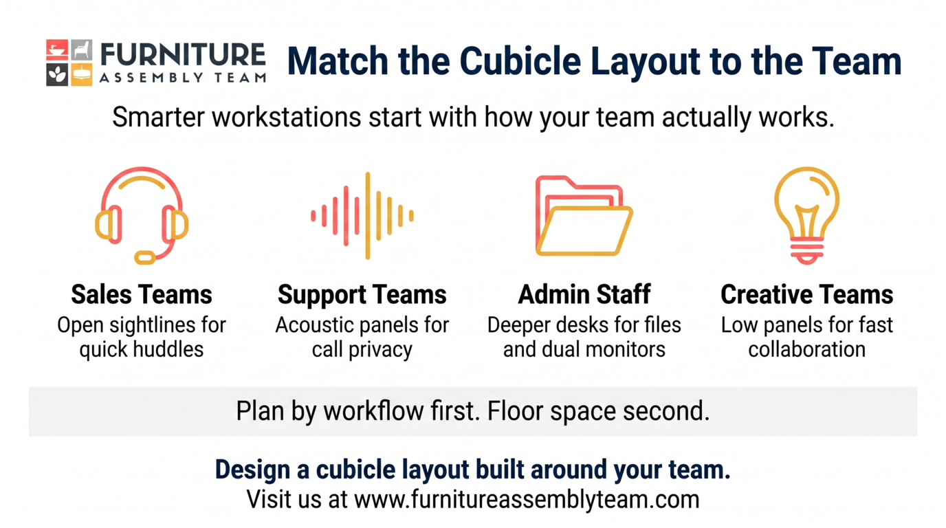 Furniture sales flyer: “Match the Cubicle Layout to the Team” with icons for Sales, Support, Admin, and Creative teams.