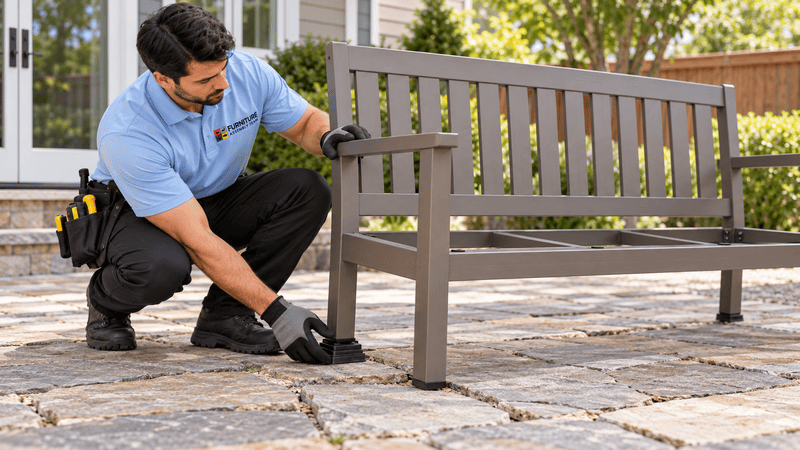 Technician placing a proper support pad under an outdoor bench frame on an uneven patio