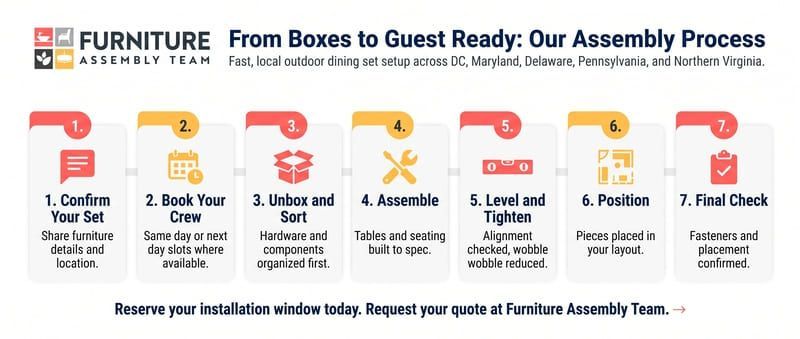 Furniture assembly process infographic with 6 red-and-white step icons from boxes to ready furniture.