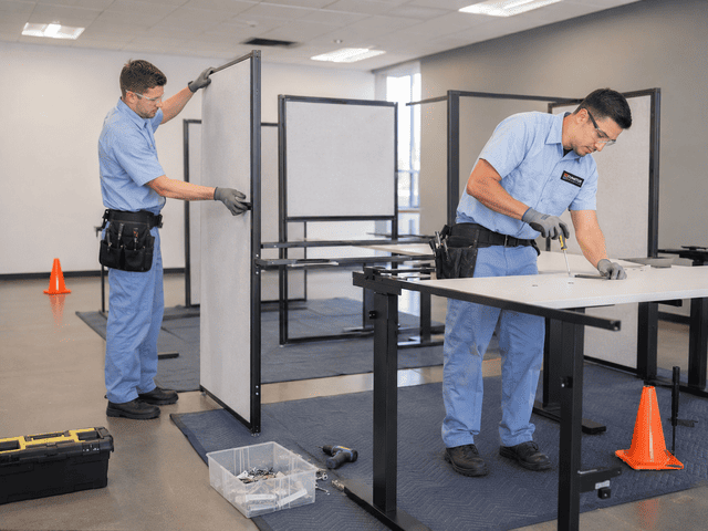 Two workers assembling gray office cubicles in a workspace, with tools and orange safety cones nearby
