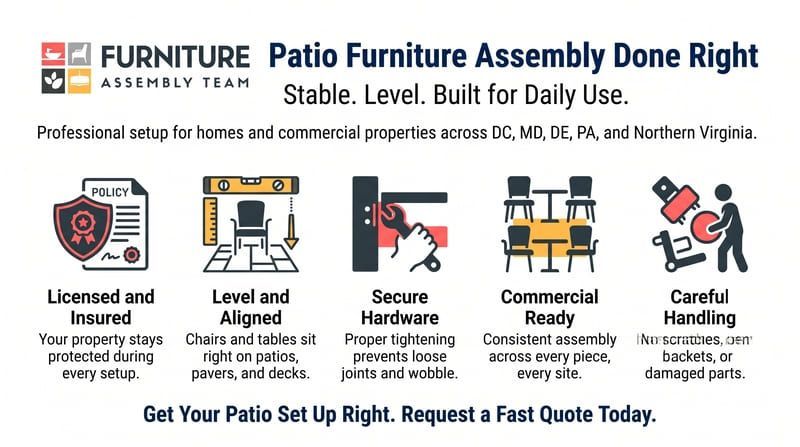 Furniture Assembly Team ad for patio furniture setup, with icons for insured, neat, secure, fast, and careful service.