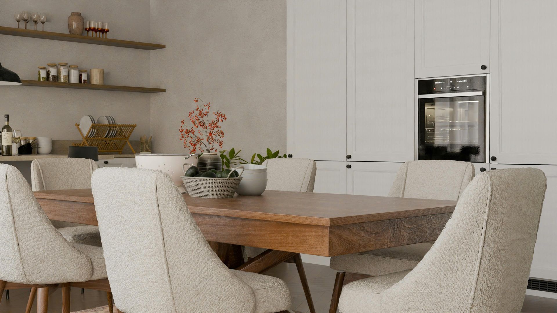 Modern dining room with wooden table, cream chairs, and a built-in wall oven