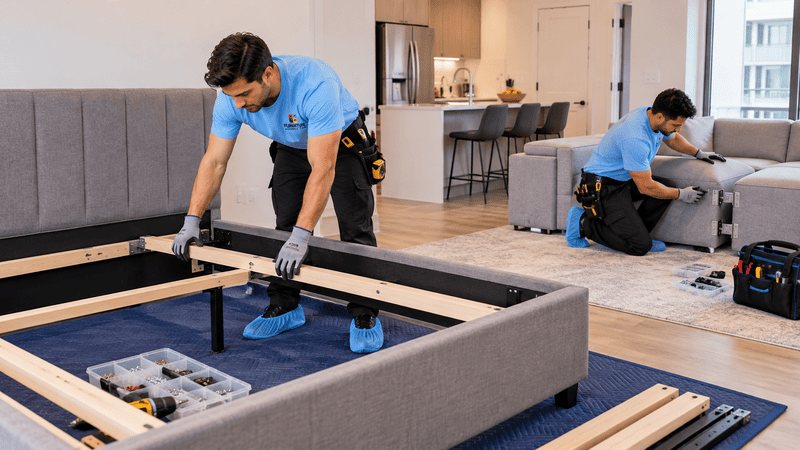 Two technicians assembling a platform bed and checking sectional sofa connectors in a studio apartme