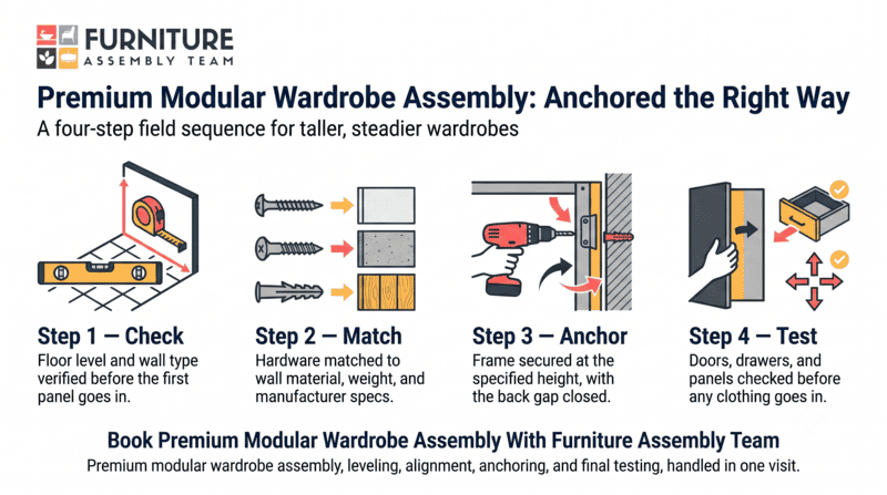 Furniture assembly infographic: anchored wardrobe assembly steps with tools and safety icons