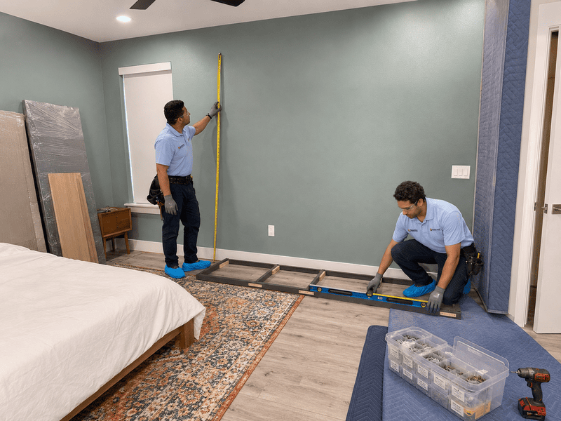 Two workers installing floor molding in a bedroom with gray walls and a bed.