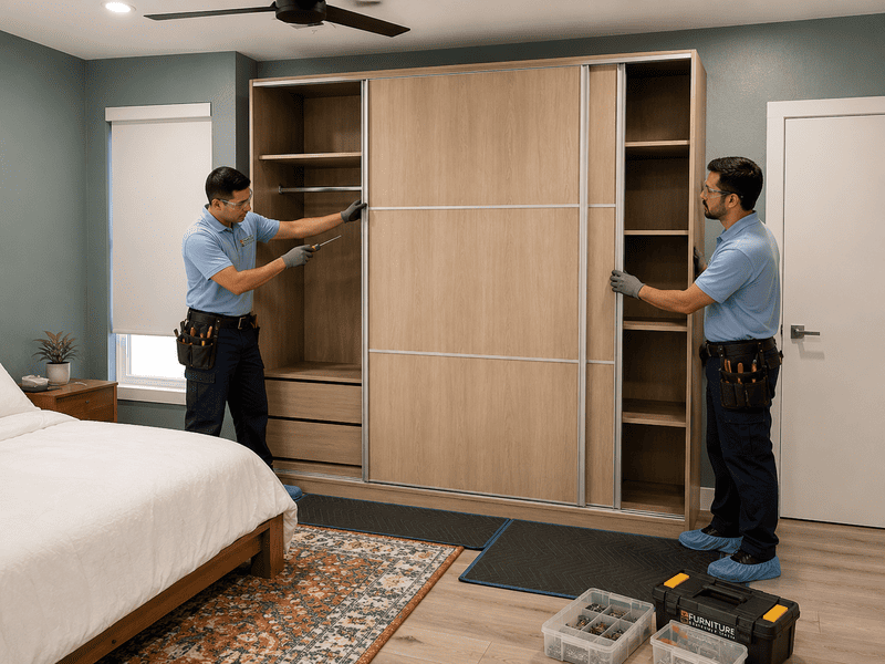 Two workers installing a large wooden wardrobe in a bedroom