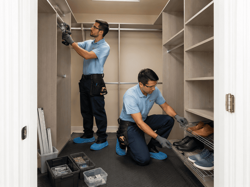 Two workers installing shelves in a closet, one standing and one kneeling with tools and supplies.