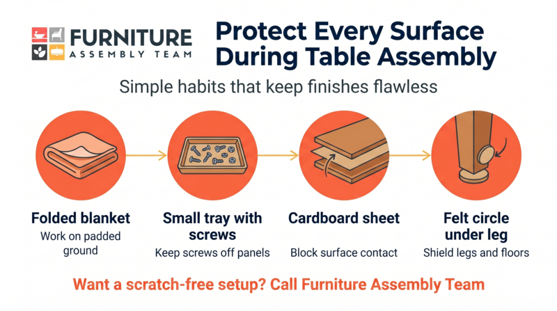 Furniture Assembly Team ad: protect surfaces during table assembly with blanket, tray, cardboard sheet, and felt glides