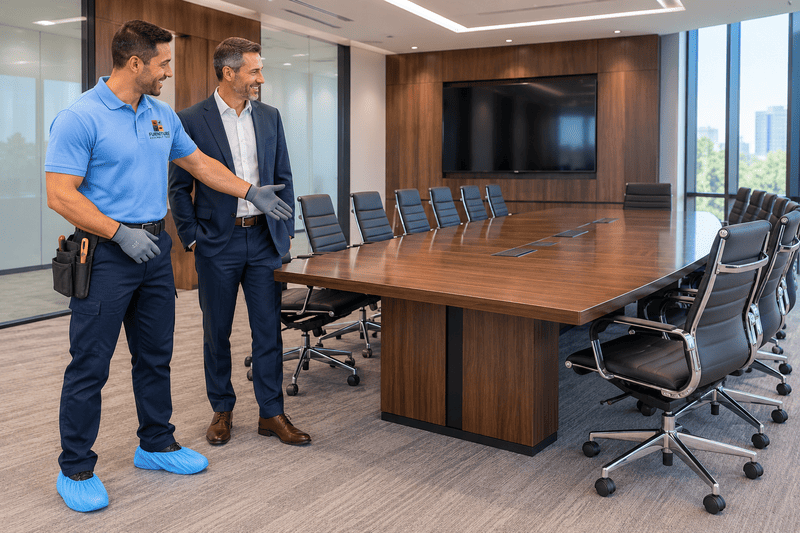 Two men in business attire standing in a modern conference room beside a long wooden table and chairs