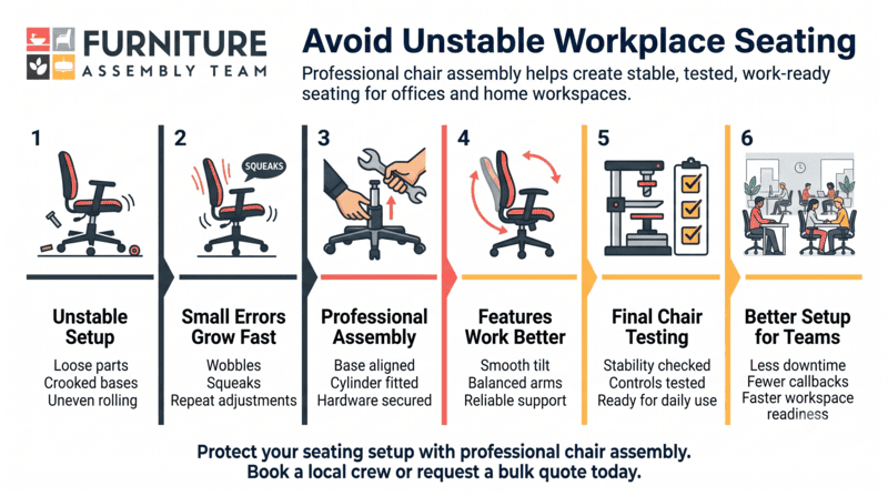 Furniture assembly infographic showing unstable stool, low-quality chair, and professional assembly safe seated posture examples.