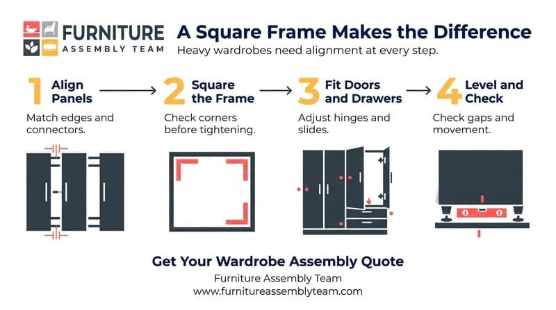 Infographic for assembling a wardrobe: align panels, square frame, attach doors, then level and check gaps.