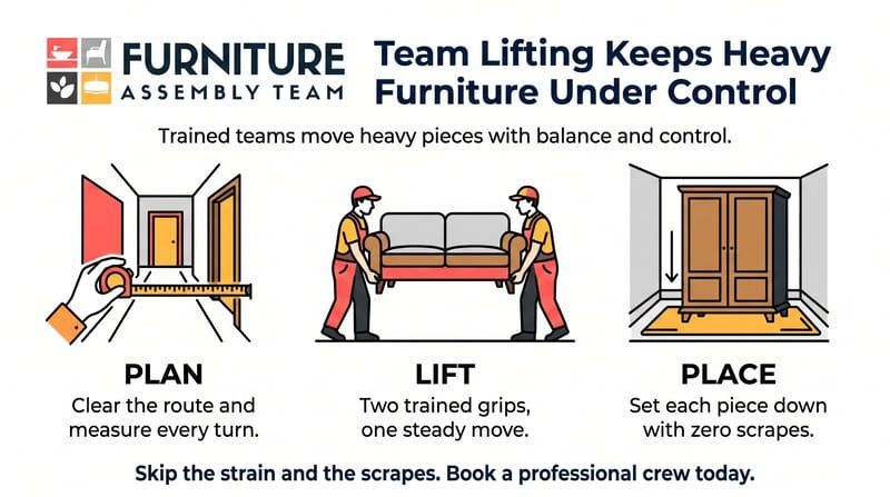 Infographic on team lifting: plan, lift, and place heavy furniture with balance and control.