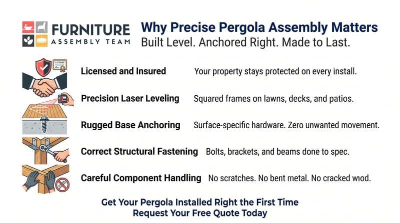 Furniture Assembly infographic: why precise pergola assembly matters, with 5 steps and small illustrations
