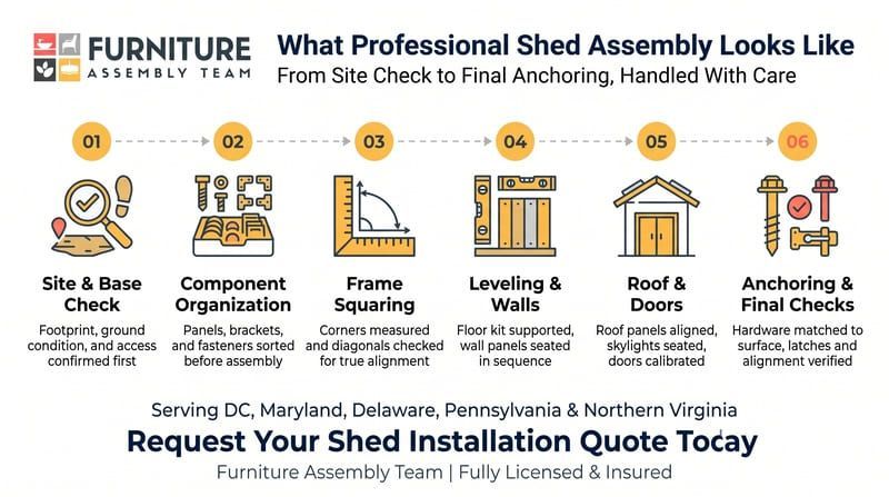 Infographic showing professional shed assembly steps from site check to anchoring, with tools and hardware icons