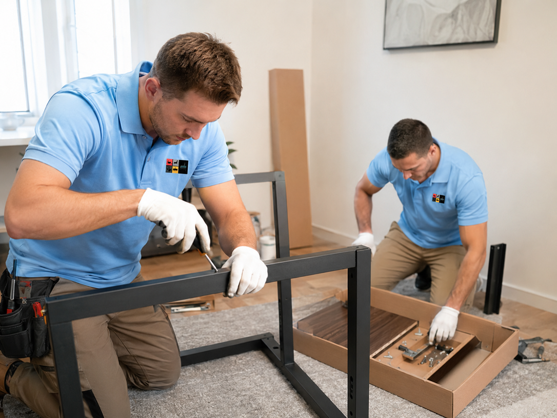 Two workers assembling black furniture in a bright room, one kneeling and using tools, cardboard packaging nearby
