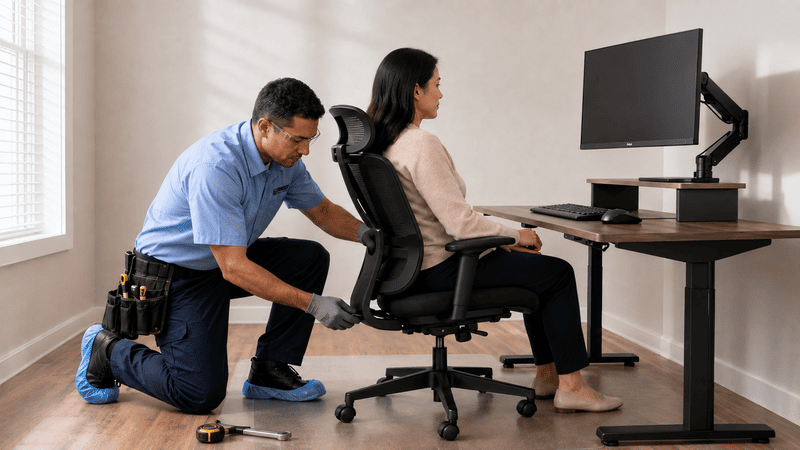 Technician adjusting a seated worker’s office chair at a standing desk with monitor and keyboard