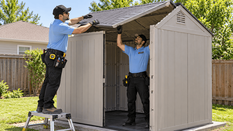 Two technicians installing a roof panel on a resin storage shed