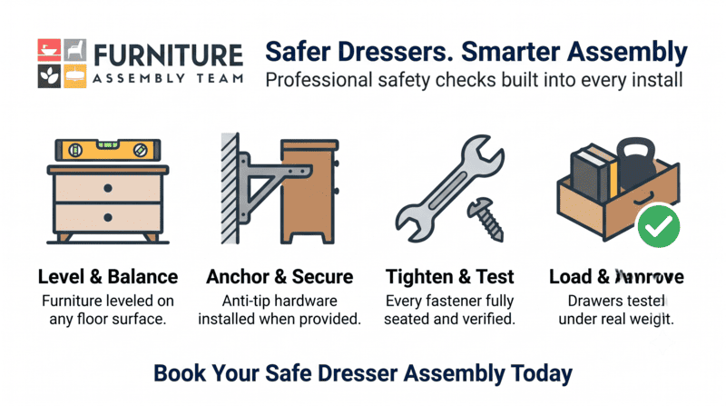 Furniture Assembly Team ad: safer dressers, smarter assembly, with icons for leveling, anchoring, tightening, loading, and payment.