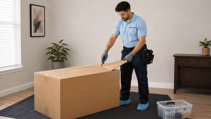 Person in a blue shirt cuts packing tape on a large cardboard box in a room.
