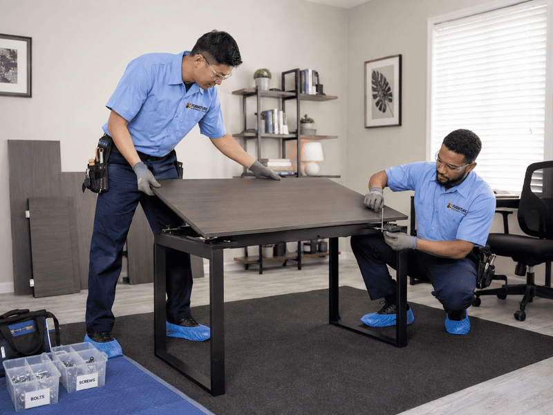Three movers in blue shirts standing in a living room with furniture and packed tool boxes