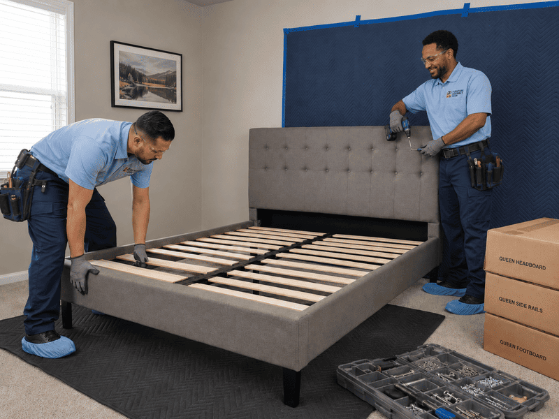 Two movers assembling a gray upholstered bed frame in a bedroom, with tools and boxes nearby