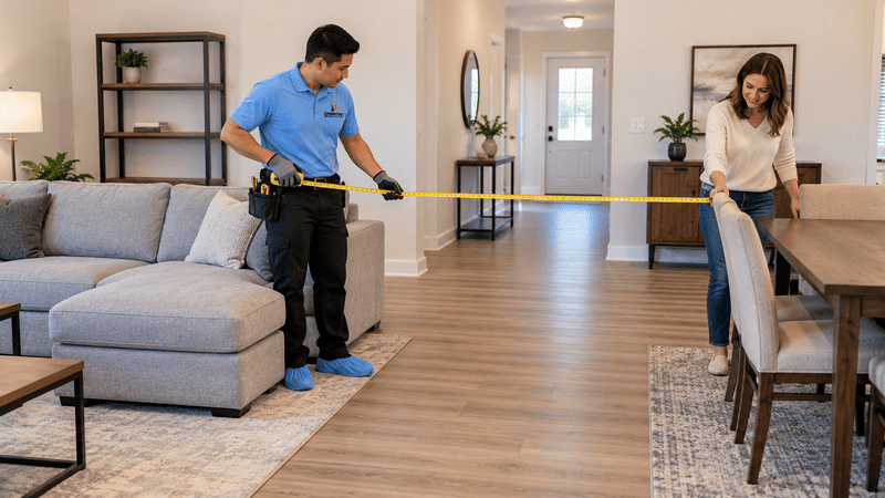 Technician measuring walking clearance between a sectional sofa and dining area while a homeowner checks chair access