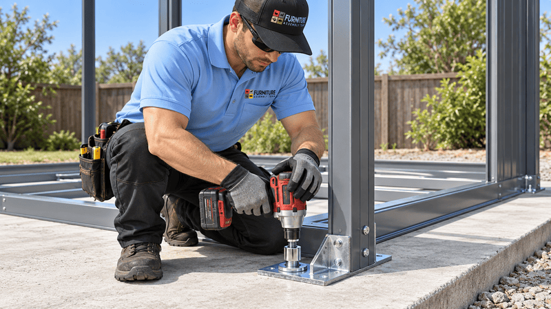 Worker using a power drill to fasten a metal post to a concrete slab at an outdoor construction site