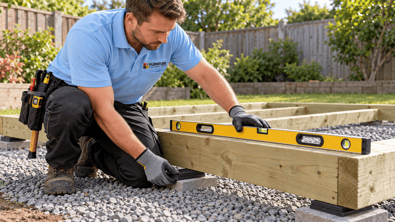 Worker leveling a wooden beam with a spirit level on a gravel foundation outdoors