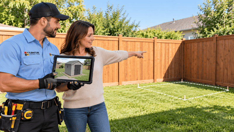 Two people holding a tablet and pointing at a fenced backyard and house under inspection