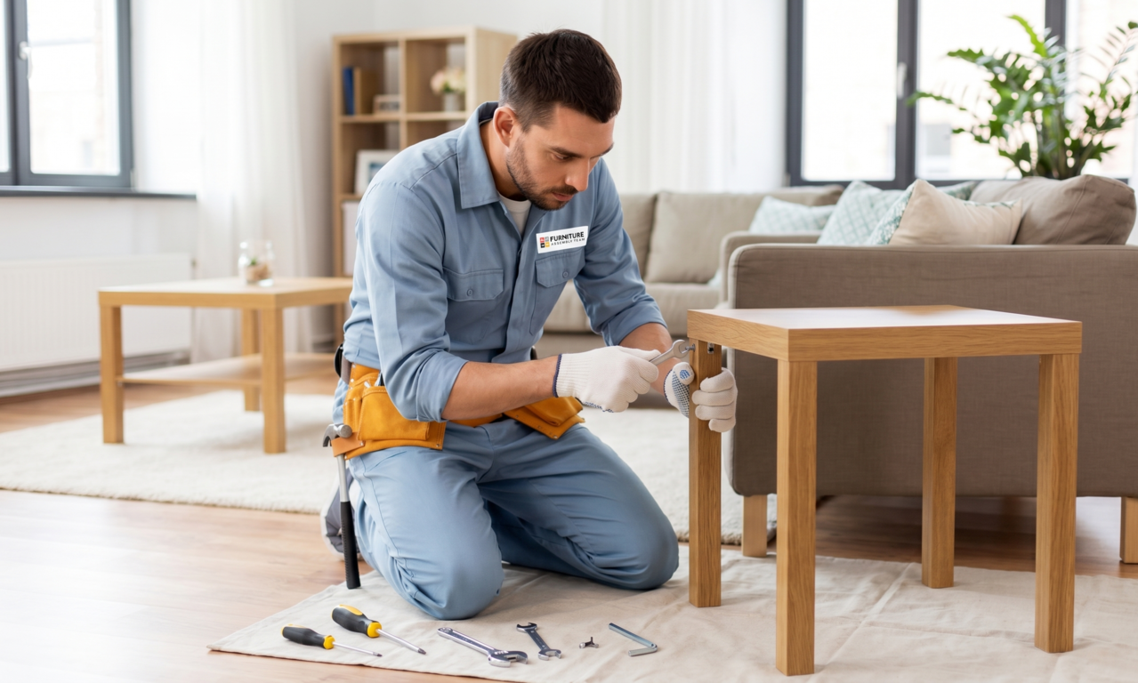 Handyman kneels on a living room floor, repairing a wooden chair beside a small table.