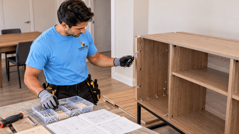 Technician selecting the correct connector bolt beside a partially assembled sideboard