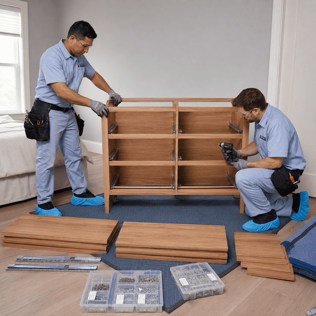 Two workers assembling a wooden cabinet in a room, with tools and parts laid out on the floor
