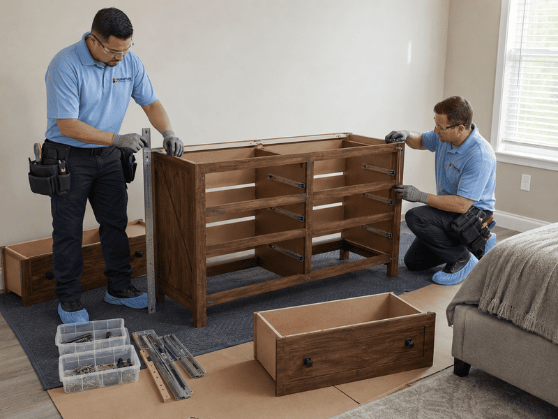Two men assembling a wooden dresser in a bedroom, with tools and parts on the floor.