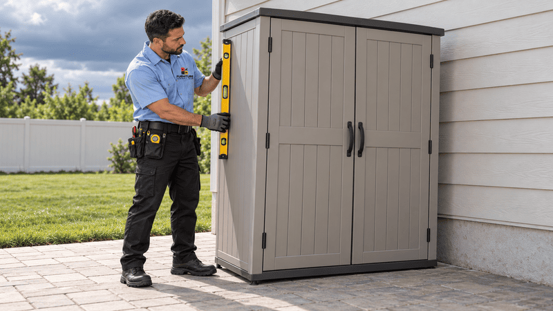 Technician inspecting a slightly leaning outdoor storage cabinet for setup problems