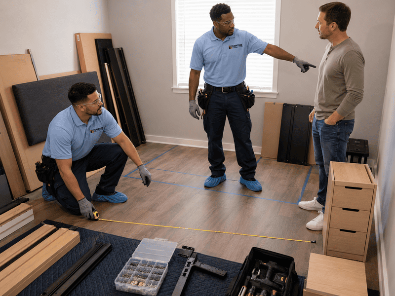 Three movers in a room measuring floor space with tape and cardboard boxes nearby