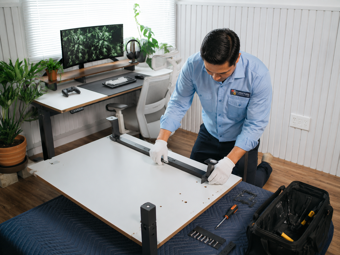 Man assembling a white cabinet panel in a bright home office workspace