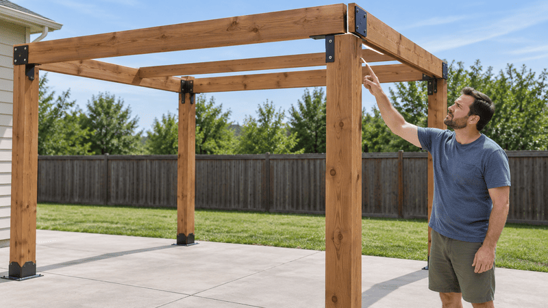Homeowner inspecting a small pergola assembly error that could lead to costly repairs