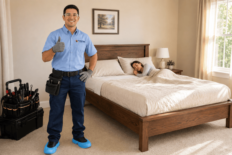 Plumber in blue uniform standing beside a bed in a bright bedroom, giving a thumbs-up.