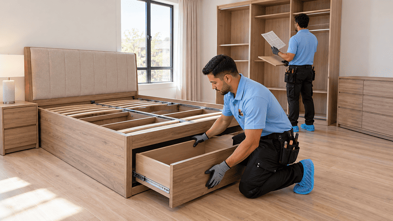 Two technicians assembling a storage bed and wardrobe in a partially furnished bedroom