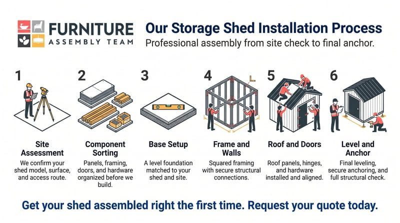 Infographic showing a 5-step storage shed installation process from site assessment to leveling and anchoring.