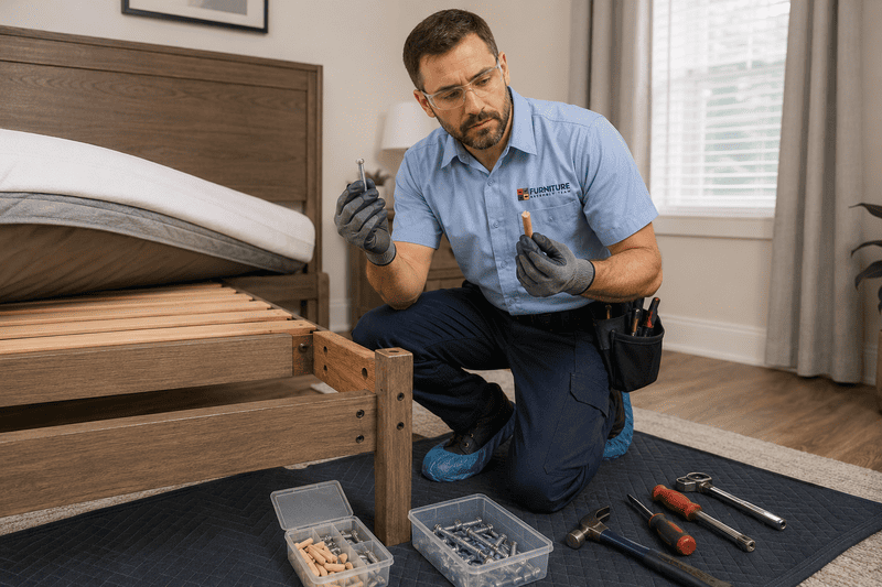 Mechanic kneeling by a bed frame, inspecting screws and tools on a rug in a bedroom.